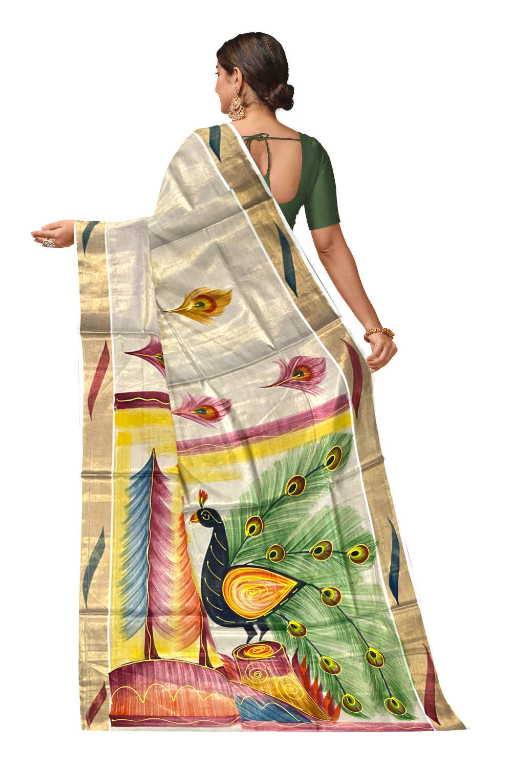 Kerala Tissue Kasavu Saree with Hand Painted Peacock Design