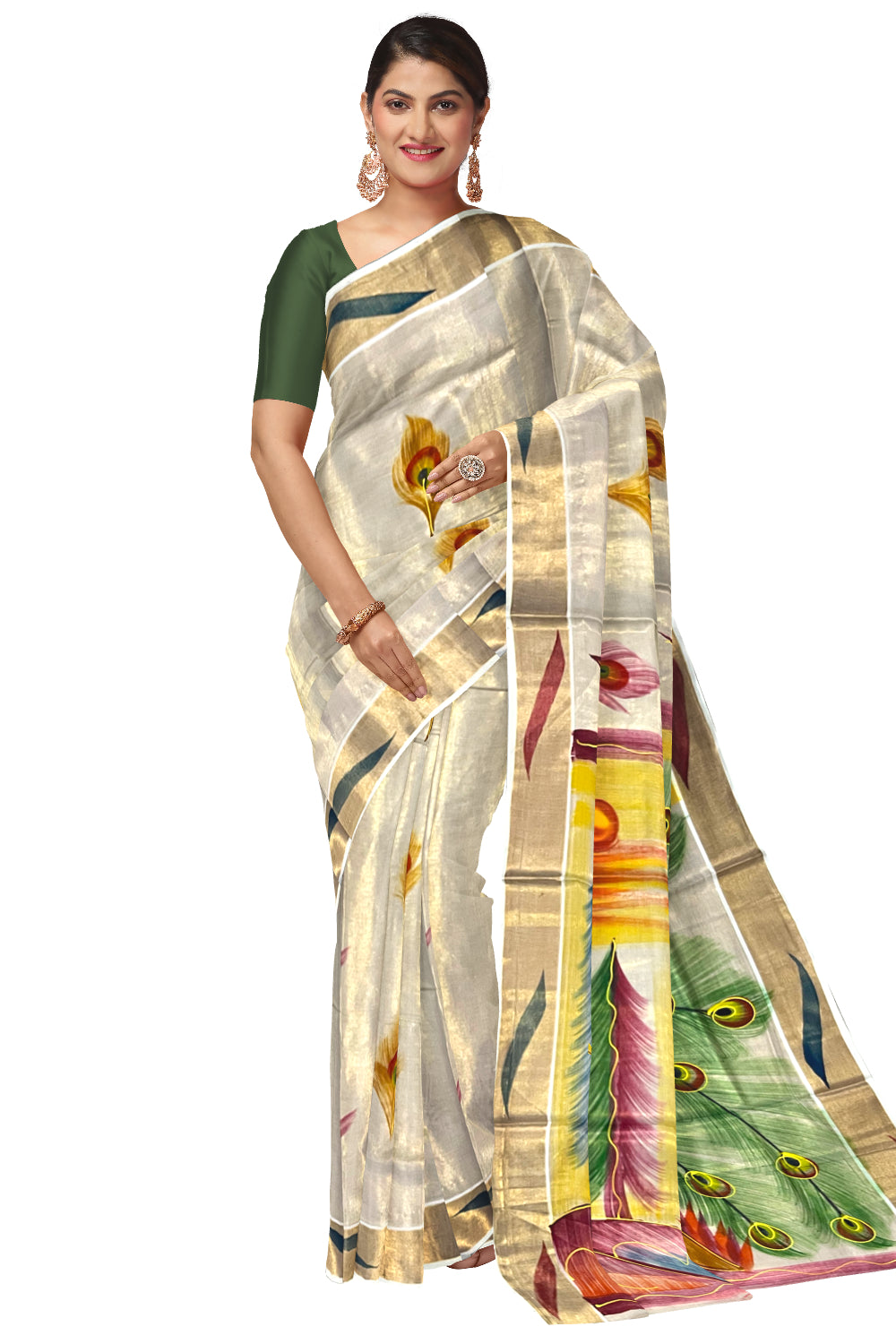 Kerala Tissue Kasavu Saree with Hand Painted Peacock Design