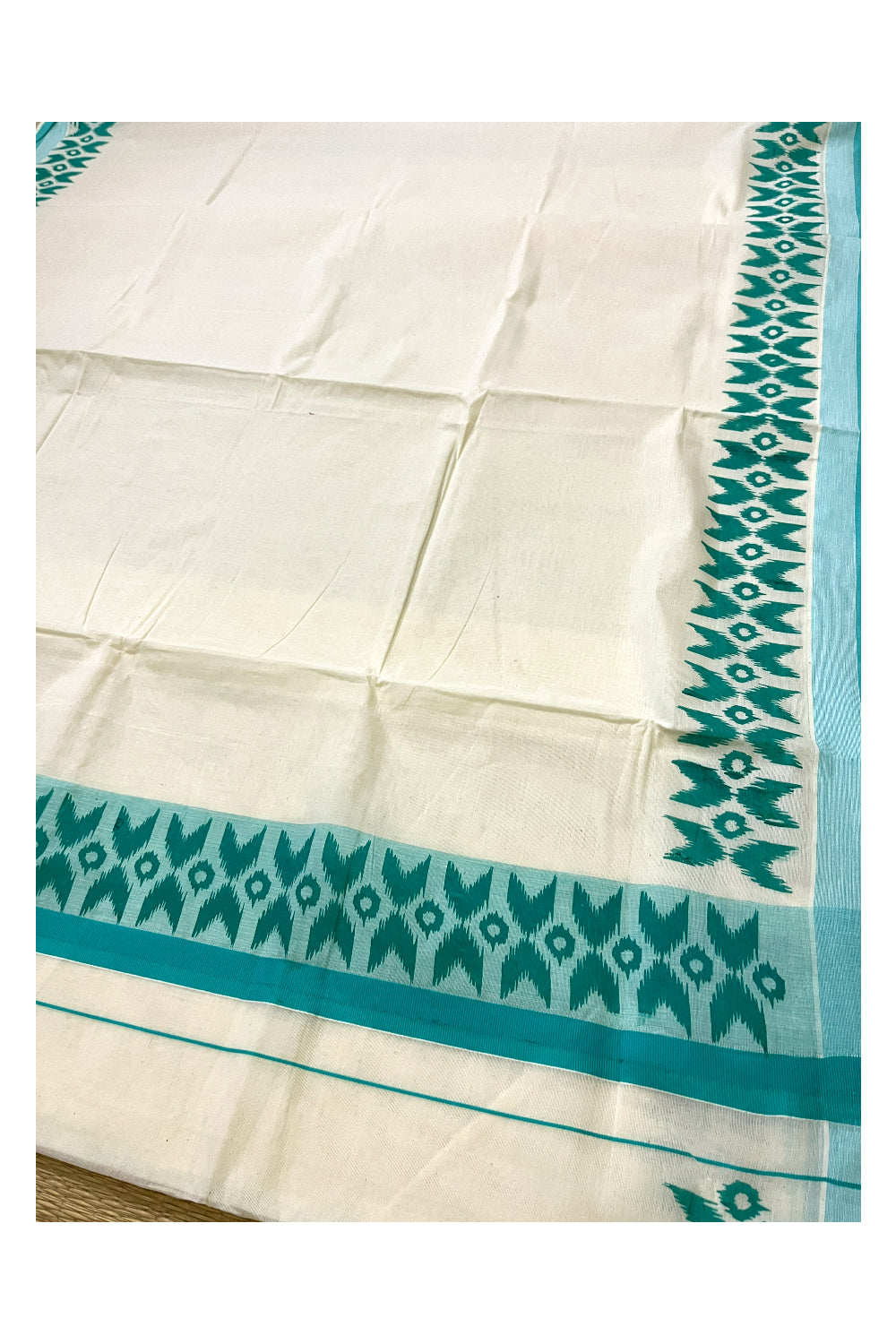 Pure Cotton Kerala Saree with Turquoise Block Printed Border