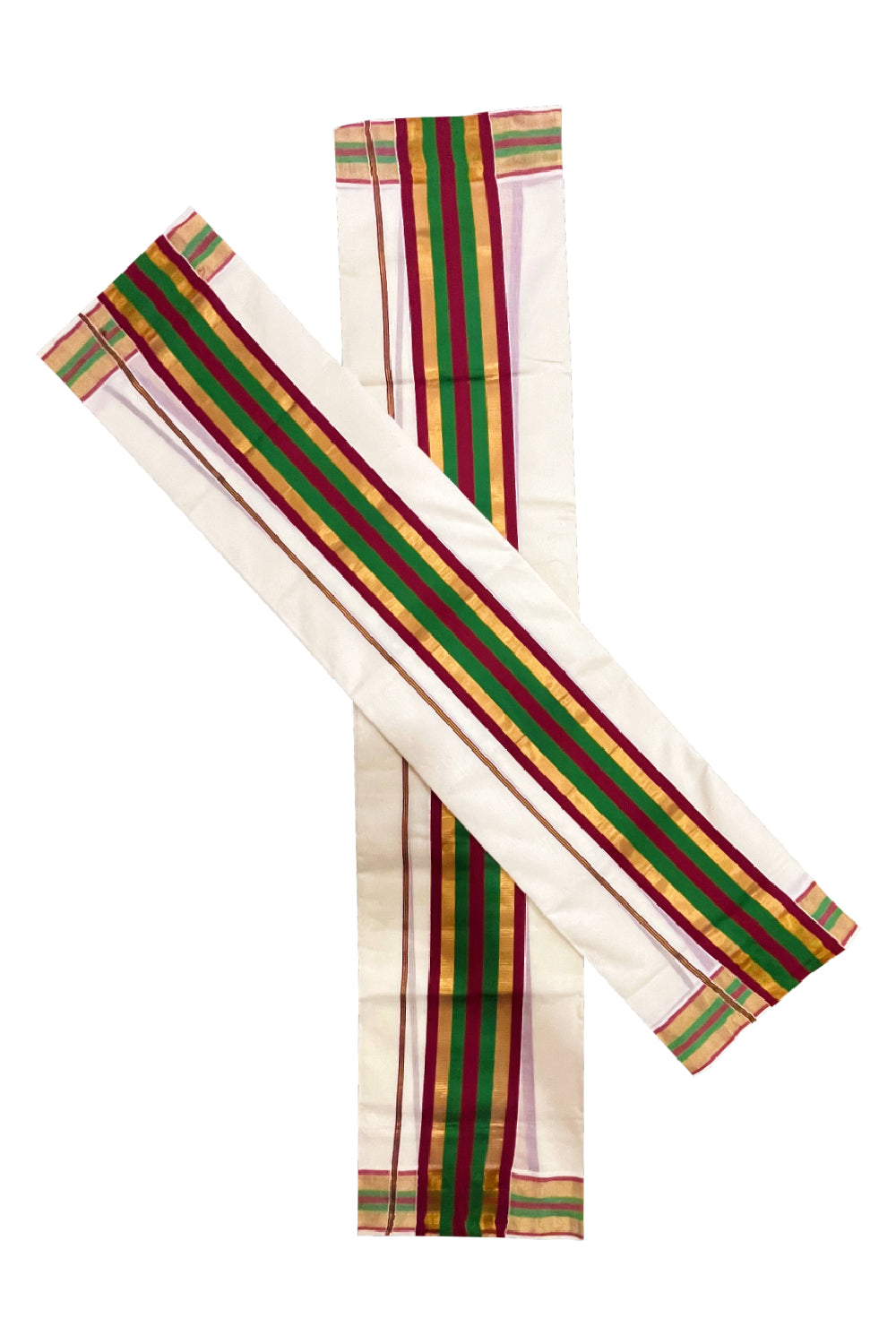 Kerala Cotton Mundum Neriyathum Single (Set Mundu) with Green Maroon and Kasavu Border