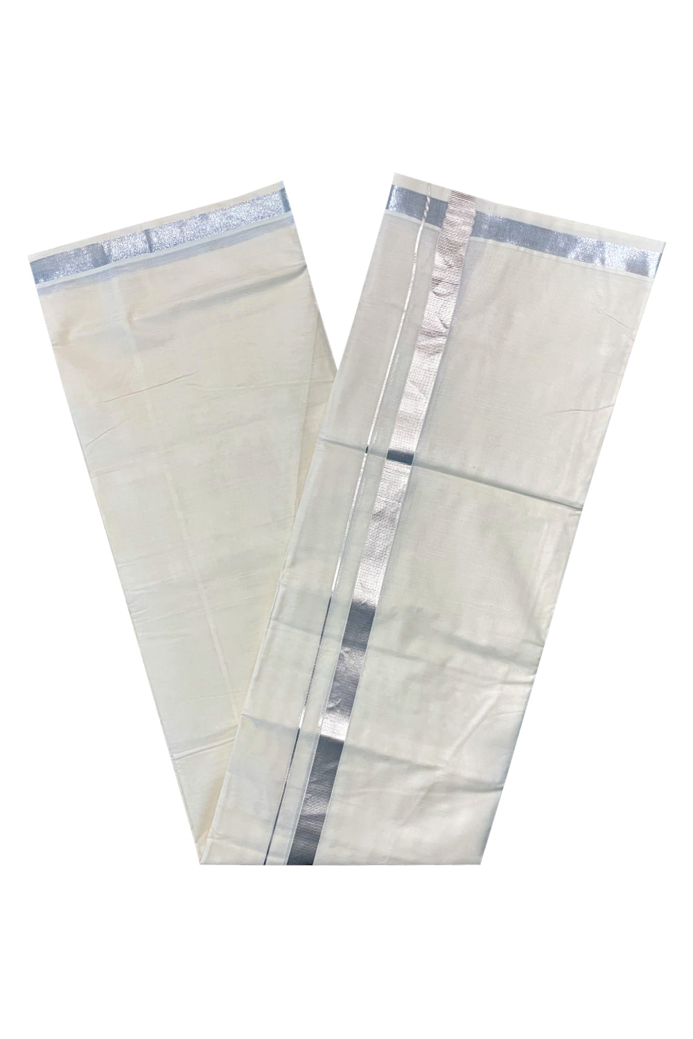 Off White Pure Cotton Mundu with Silver Kasavu Kara 1 Inches (South Indian Kerala Dhoti)