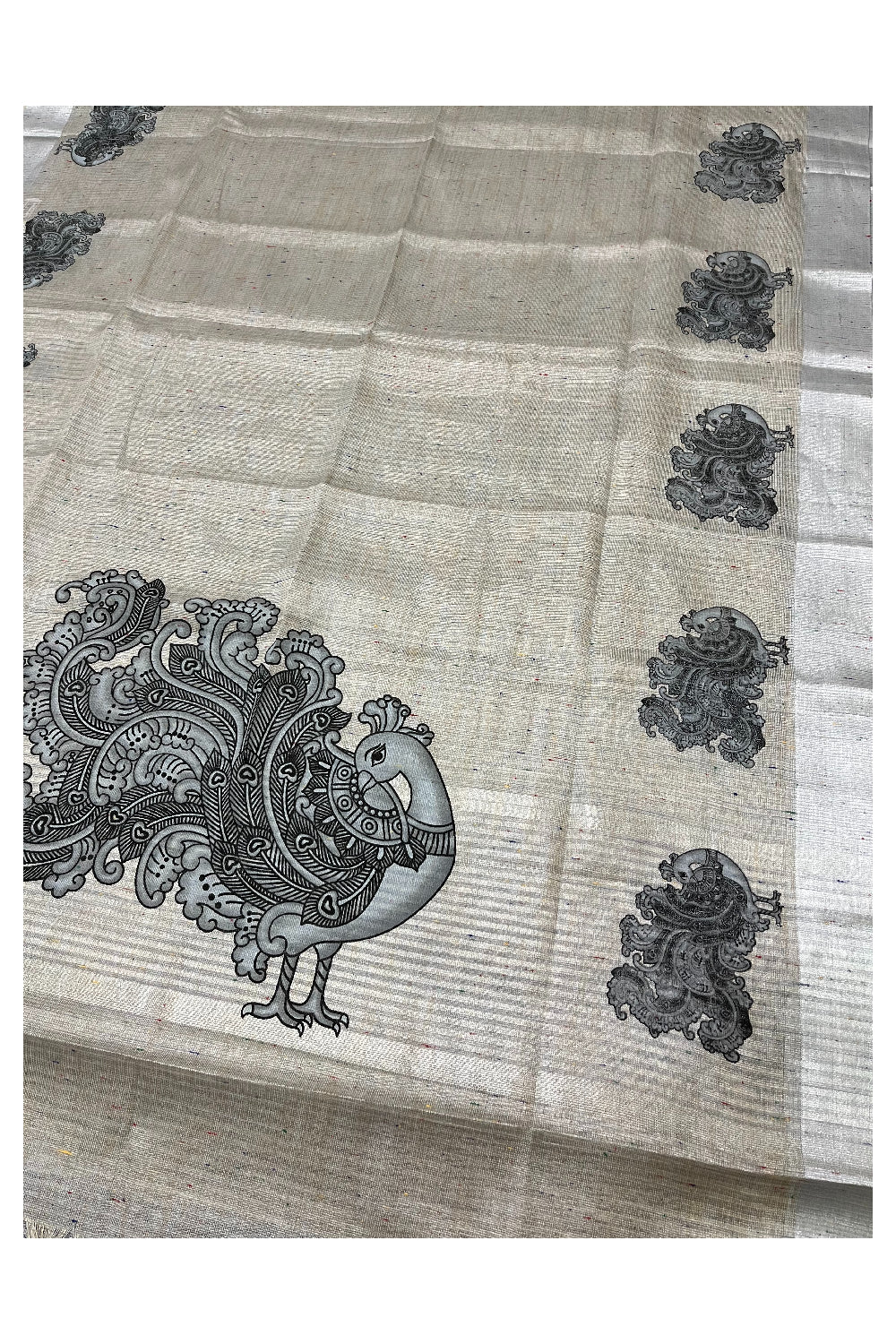 Kerala Silver Tissue Kasavu Mural Printed Peacock Saree with Woven Patterns (Vishu 2024 Collection)