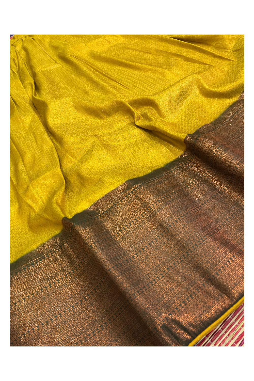 Semi Stitched Premium Semi SIlk Golden Yellow Dhavani Set with Green Neriyathu and Blouse Piece