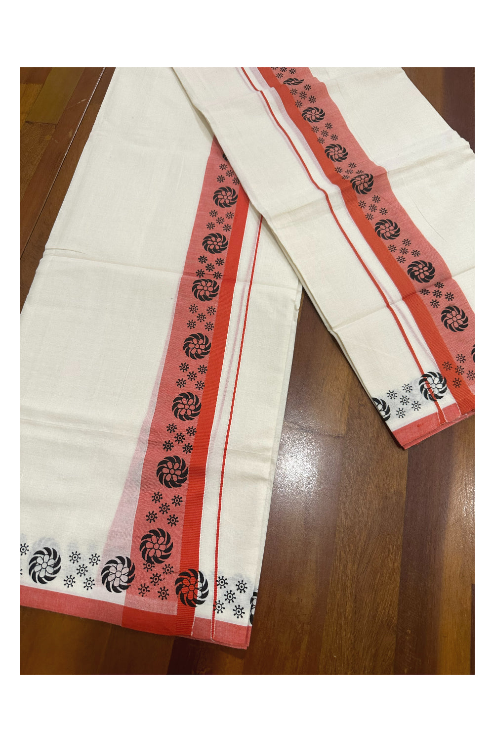 Kerala Cotton Set Mundu (Mundum Neriyathum) with Block Prints on Dark Orange Border (Onam Set Mundu 2023)