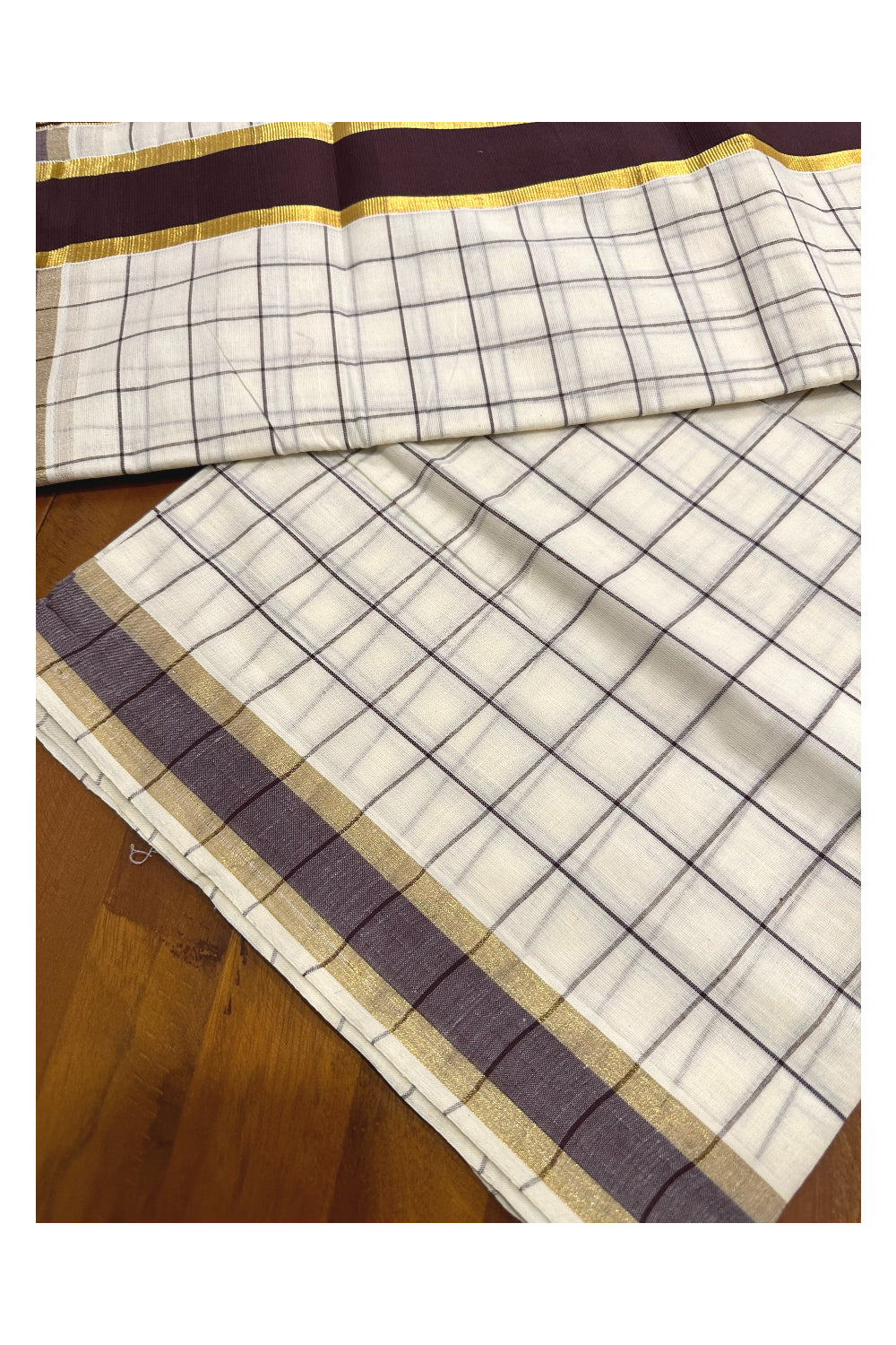 Kerala Woven Check Design Saree with Kasavu and Brown Border (Onam Saree 2023)