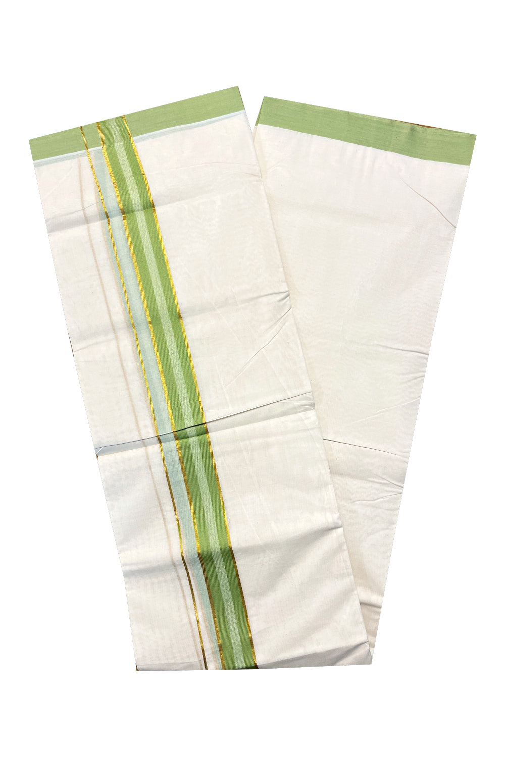 Pure Cotton Off White Double Mundu with Kasavu and Green Kara (South Indian Kerala Dhoti)