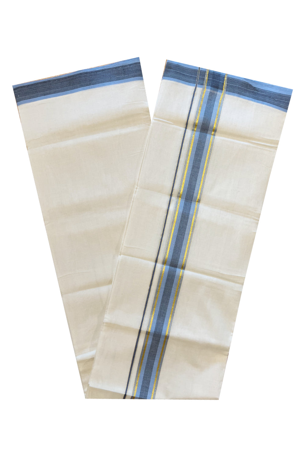 Southloom Premium Handloom Cotton Double Mundu with Kasavu And Blue Black Lines Border