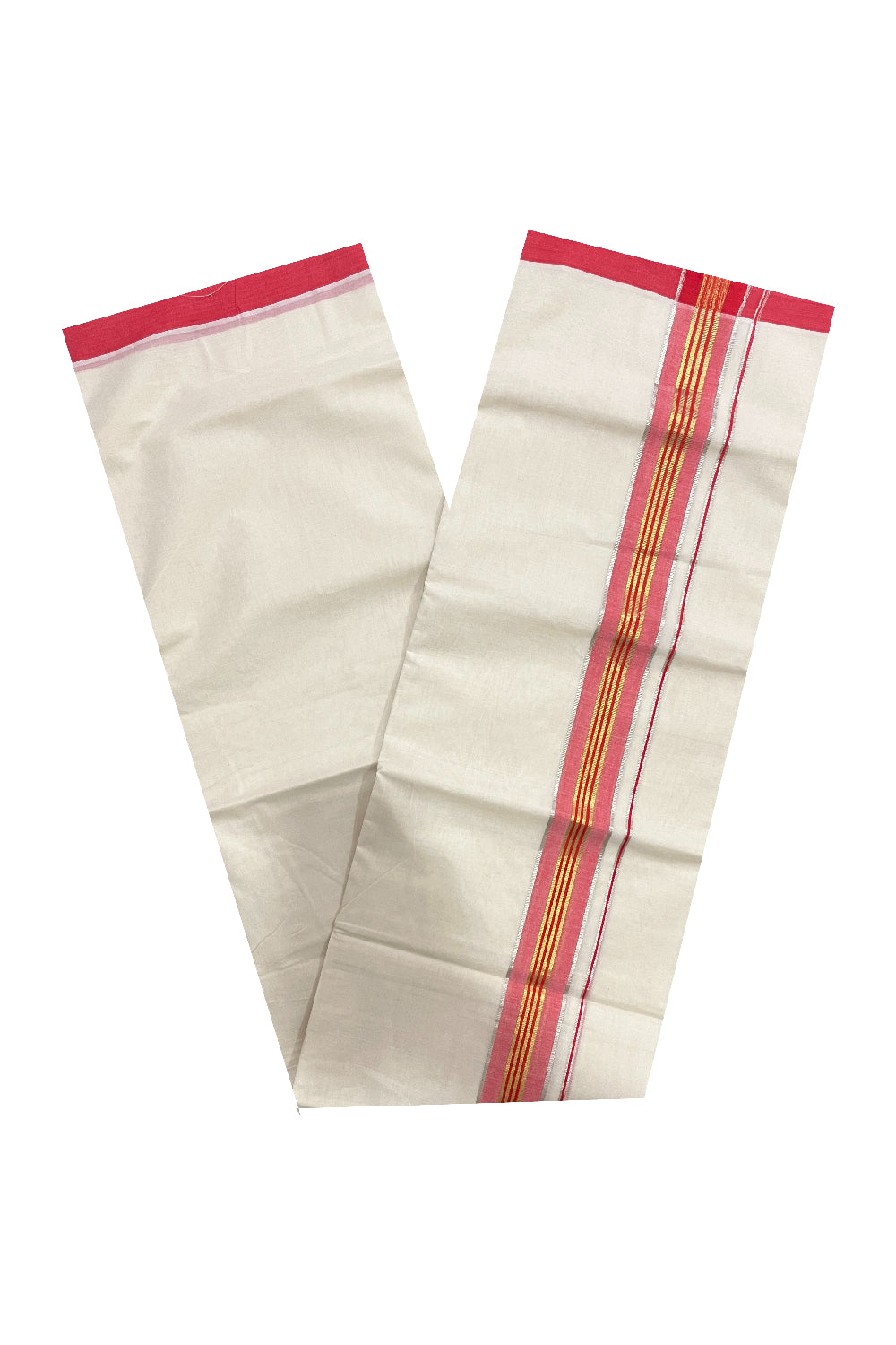 Pure Cotton 100x100 Double Mundu with Silver Golden Kasavu and Red Kara (Onam Mundu 2023)