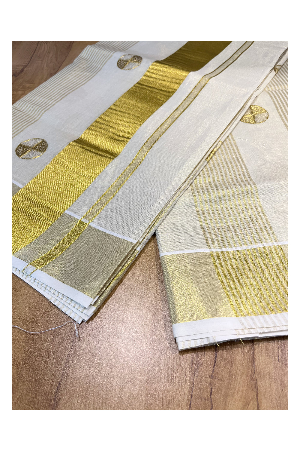 Kerala Tissue Kasavu Lines Saree with Golden  Polka works across the Body