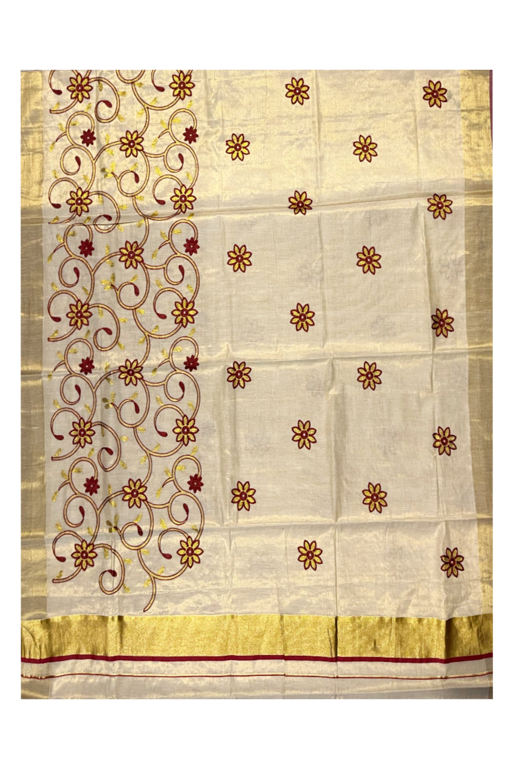 Kerala Tissue Kasavu Saree With Maroon and Golden Floral Embroidery Works