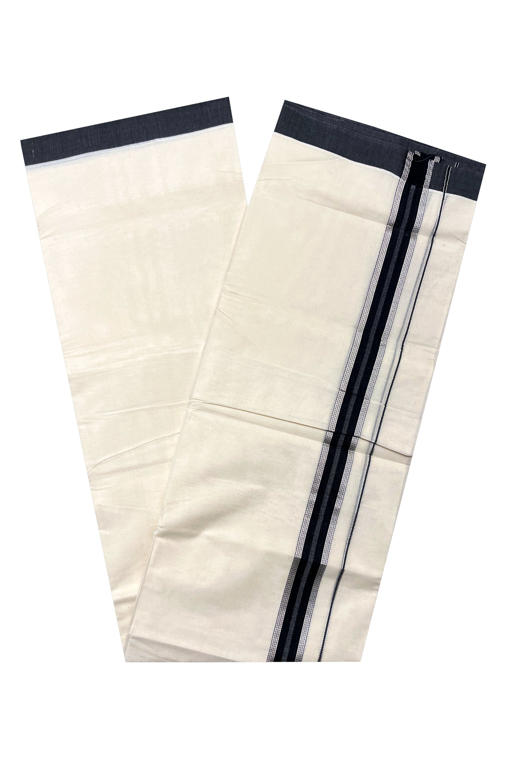 Pure Cotton Off White Double Mundu with Silver Kasavu and Black Border (South Indian Kerala Dhoti)