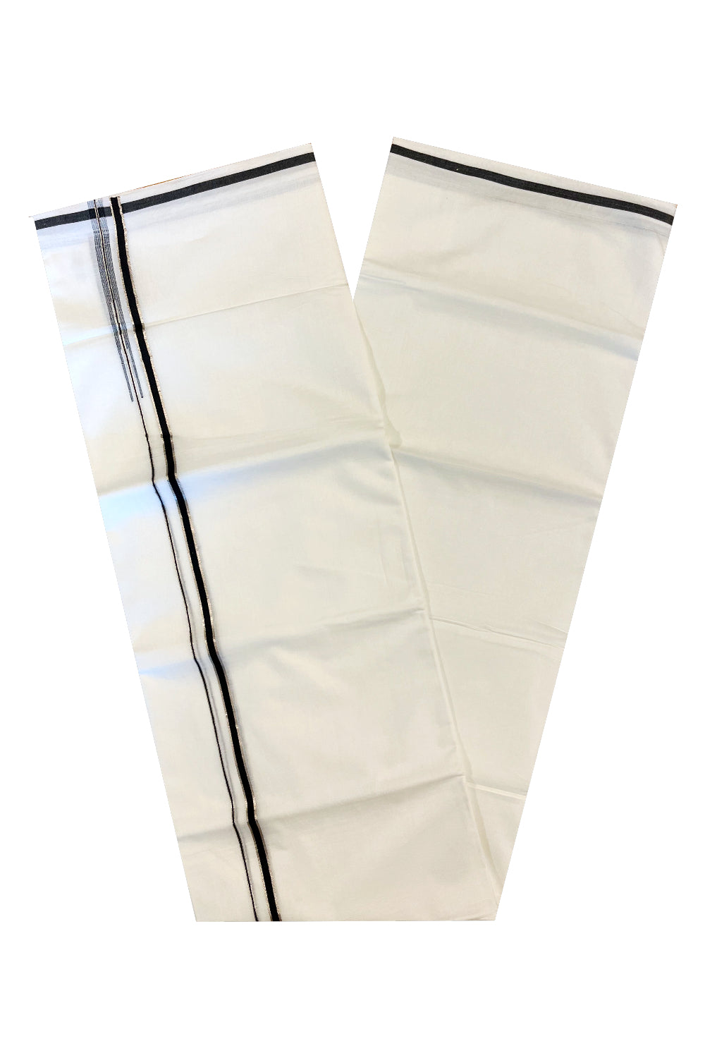 Pure White Cotton Double Mundu with Silver Black Chutti Border (South Indian Kerala Dhoti)