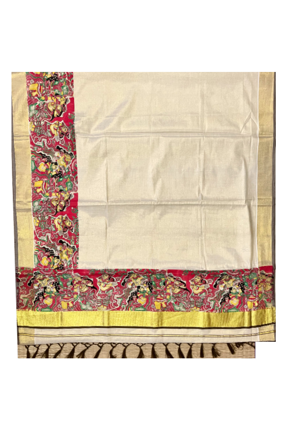 Kerala Tissue Kasavu Saree with Mural Art Printed Design and Olive Brown Border