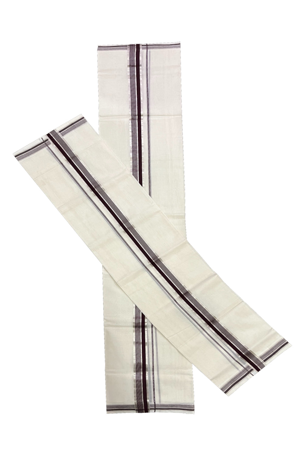 Pure Cotton Handloom Premium Kasavu Set Mundu (Mundum Neriyathum) with Brown and Silver Kasavu Border