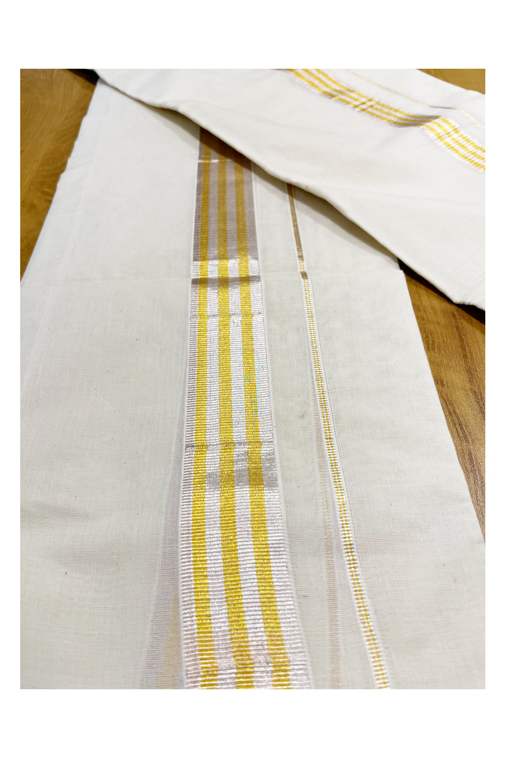 Pure Cotton Mundum Neriyathum (Set Mundu) with Silver and Kasavu Border