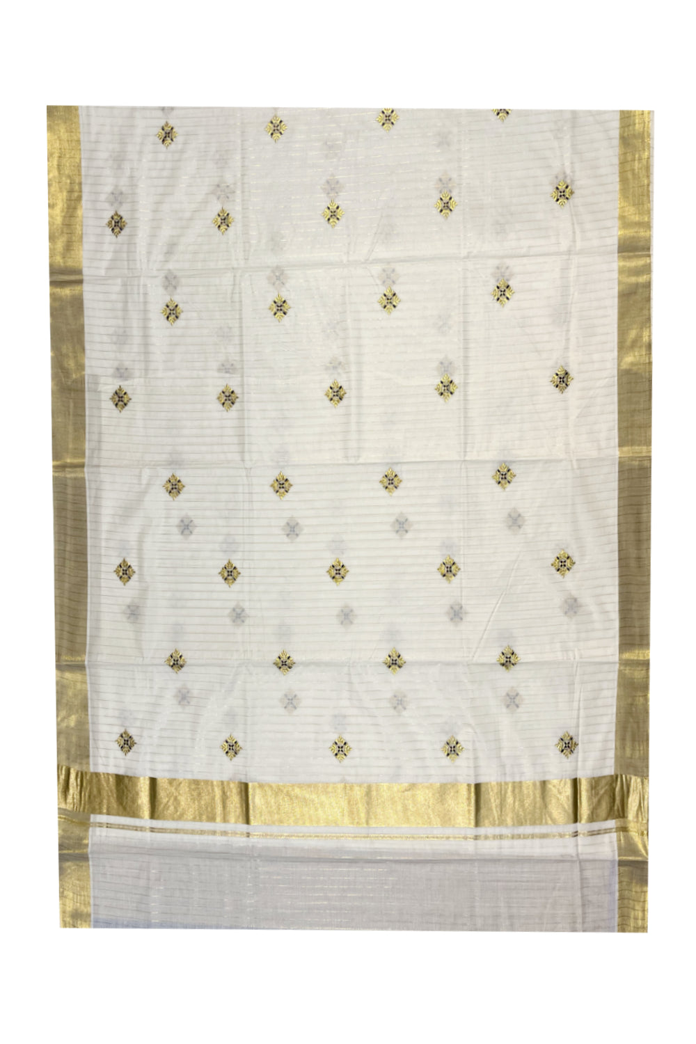 Kerala Cotton Kasavu  Lines Saree with Blue and Golden Embroidery Work