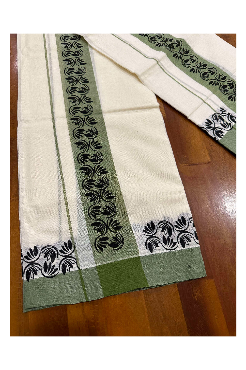 Kerala Cotton Single Set Mundu (Mundum Neriyathum) with Block Prints on Green Border (Onam set Mundu 2023)