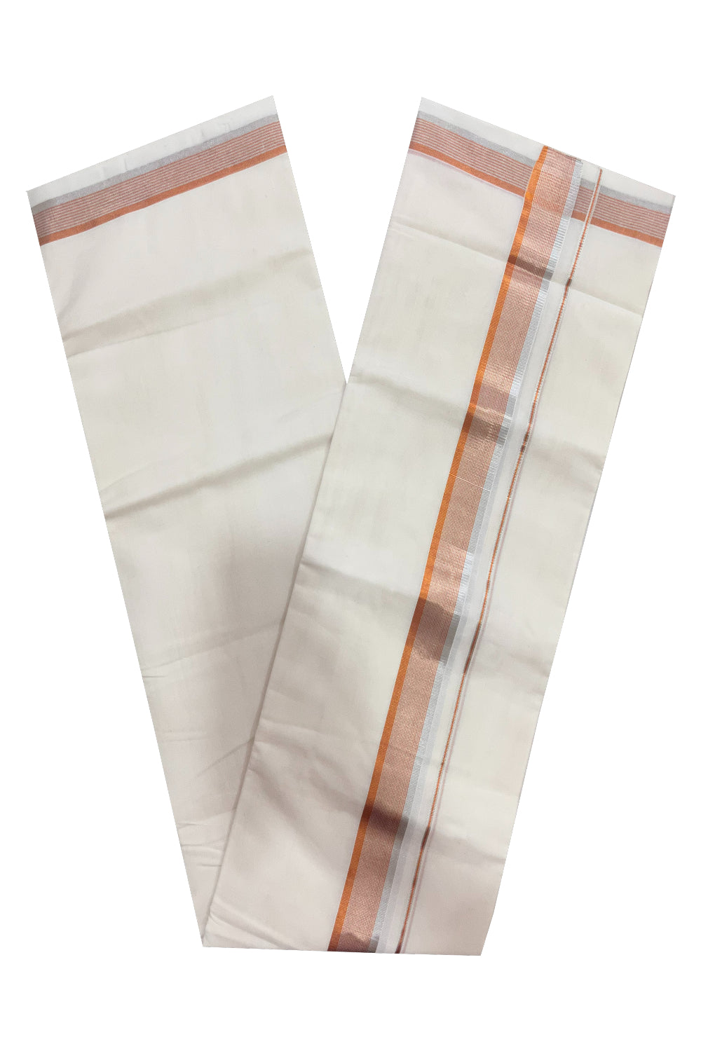 Southloom Premium Handloom Pure Cotton Mundu with Silver and Orange Kasavu Border (Onam Mundu 2023)