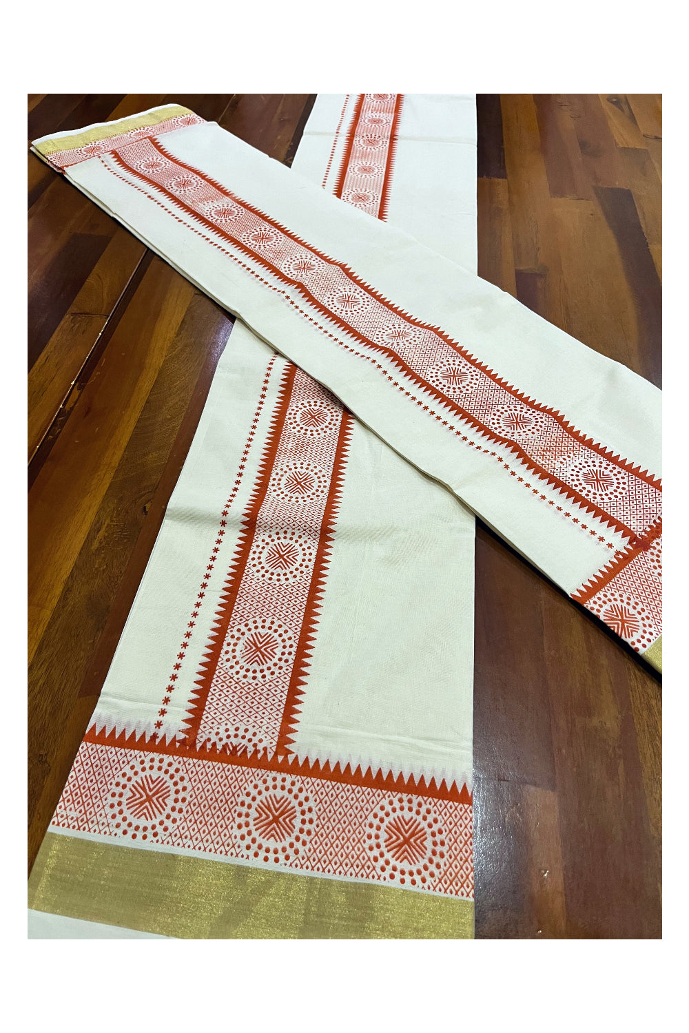 Kerala Pure Cotton Single Set Mundu with Orange Block Printed Border