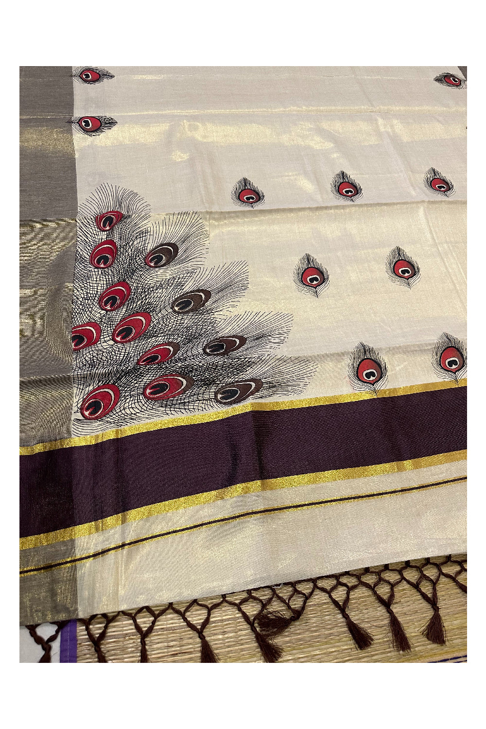 Kerala Tissue Kasavu Saree with Feather Block Prints and Brown Border (Onam Saree 2023)