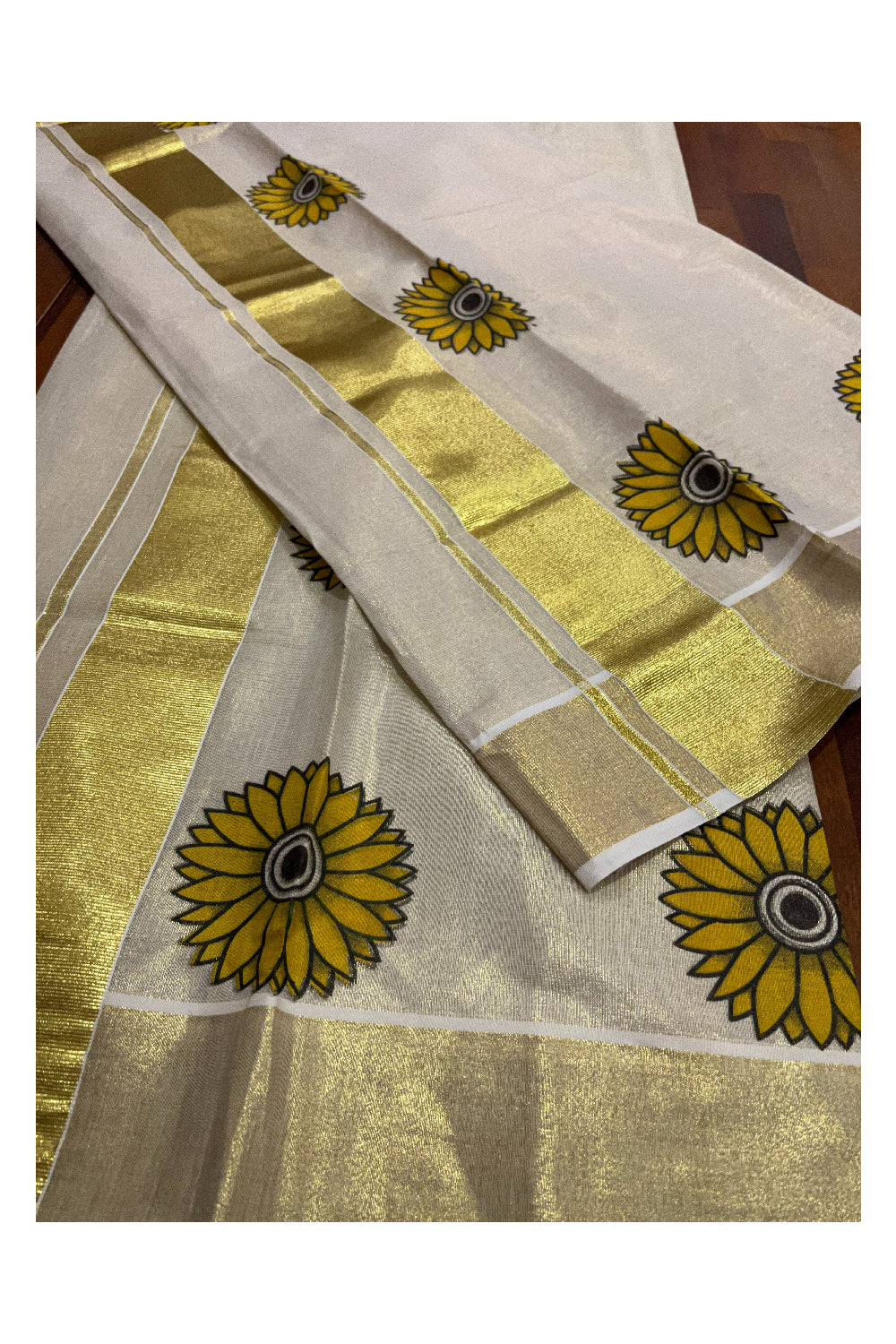 Kerala Tissue Kasavu Set Mundu (Mundum Neriyathum) with Sunflower Mural Printed Design 2.80 Mtrs (Onam Set Mundu 2023)