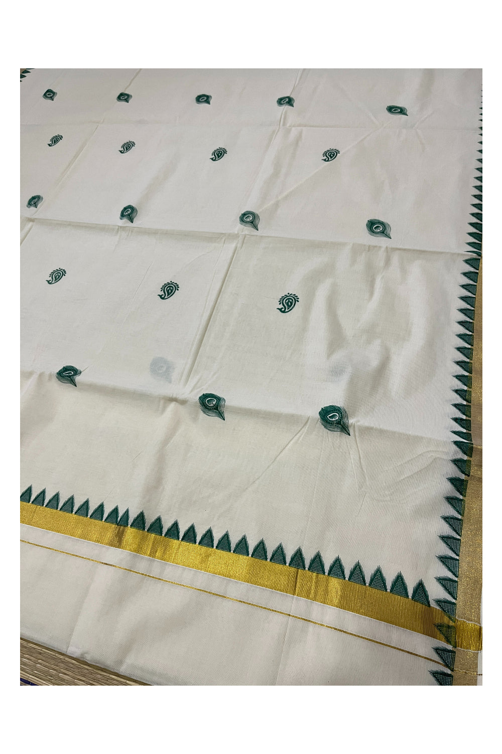 Pure Cotton Kerala Kasavu Saree with Green Temple Block Printed Border