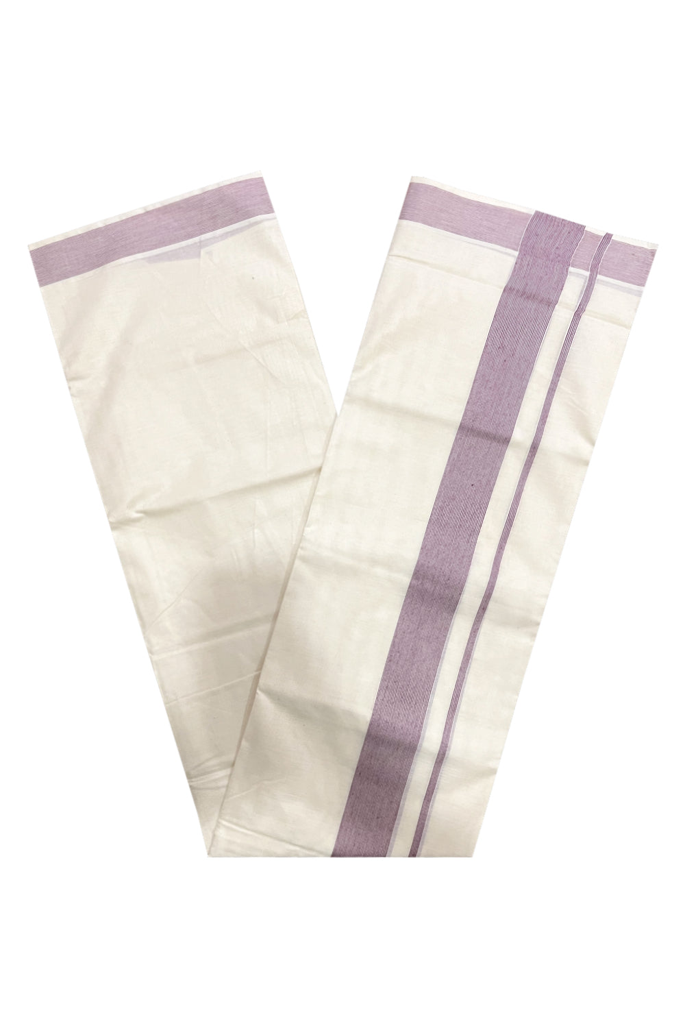 Off White Kerala Double Mundu with 2 inch Maroon Line Border (South Indian Dhoti)