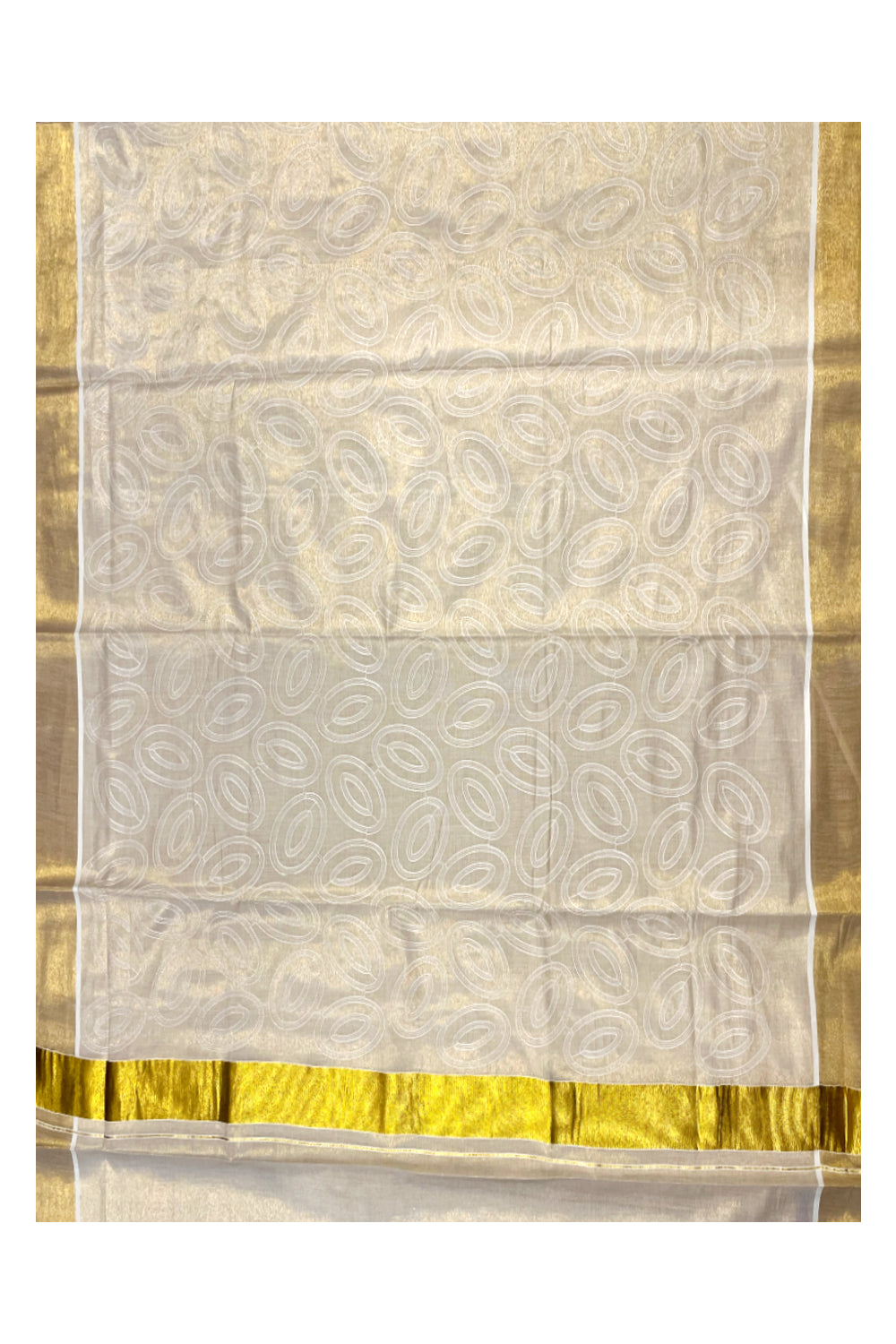 Kerala Tissue Kasavu Saree With White Floral Embroidery Works