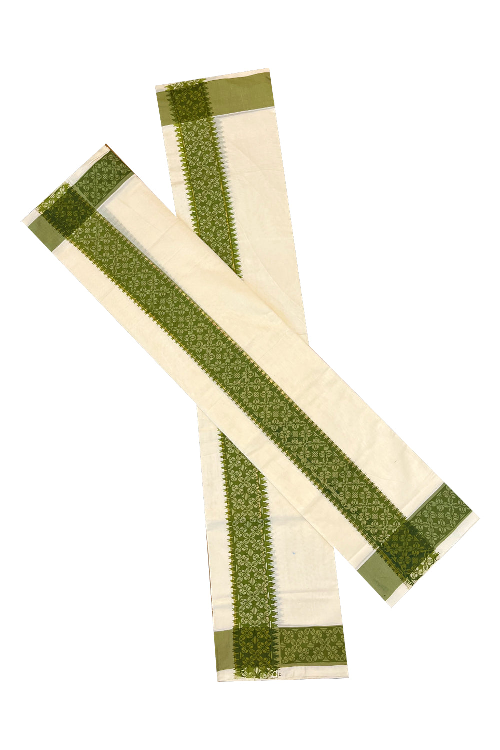 Kerala Cotton Single Set Mundu (Mundum Neriyathum) with Green Block printed Border 2.80 mtr