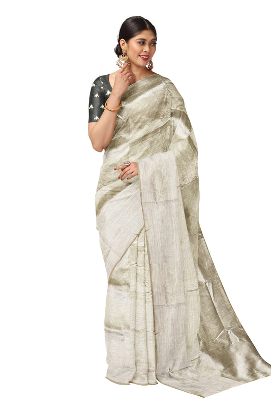 Southloom Off White Tissue Plain Saree with Black Thread Work Blouse Piece