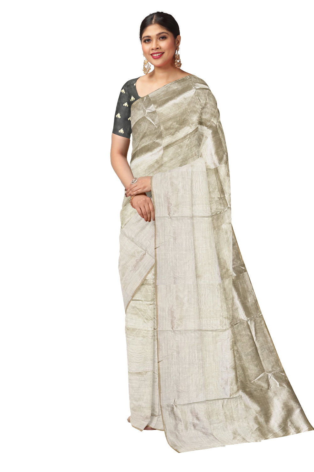 Southloom Off White Tissue Plain Saree with Black Thread Work Blouse Piece