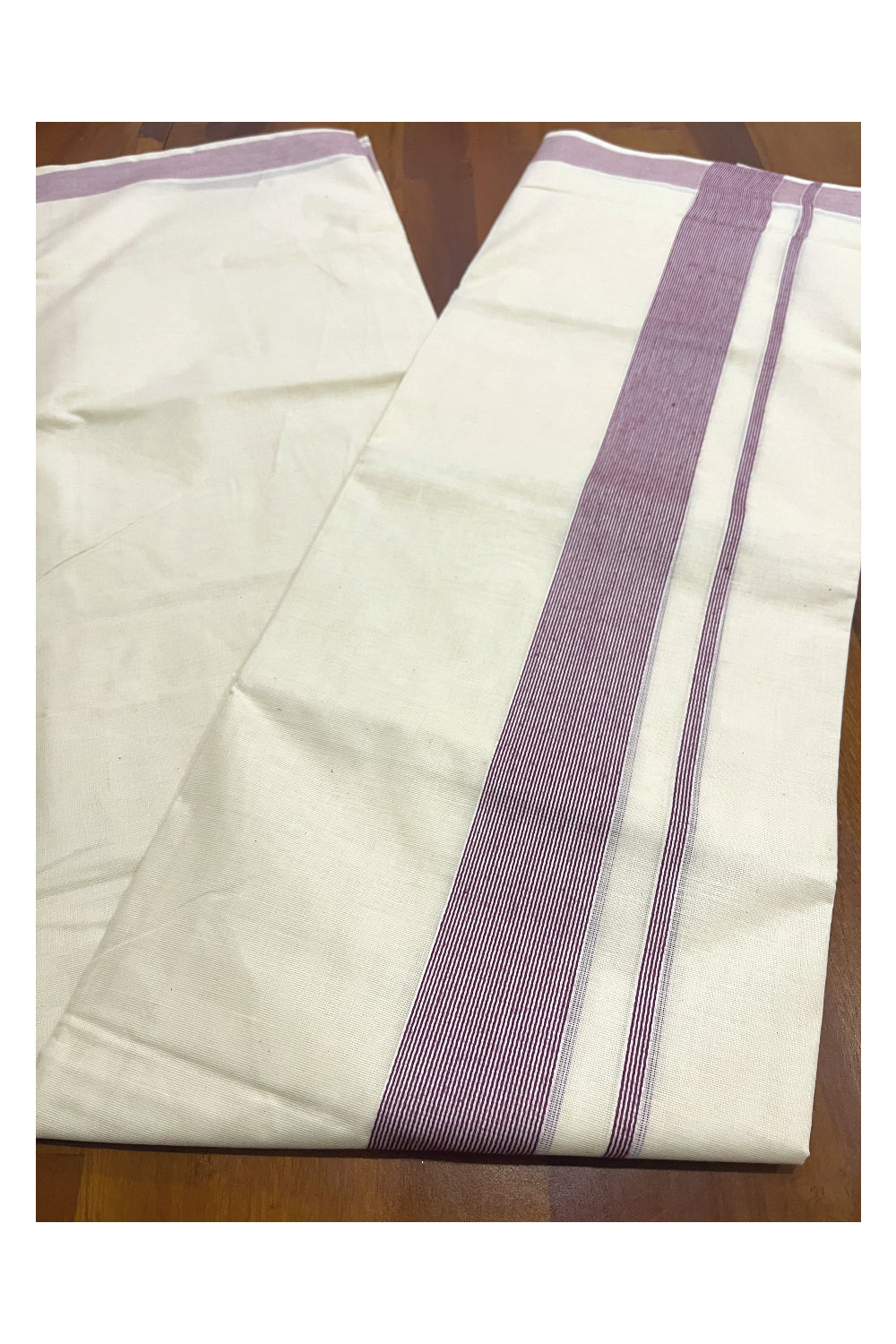 Off White Kerala Double Mundu with 2 inch Maroon Line Border (South Indian Dhoti)