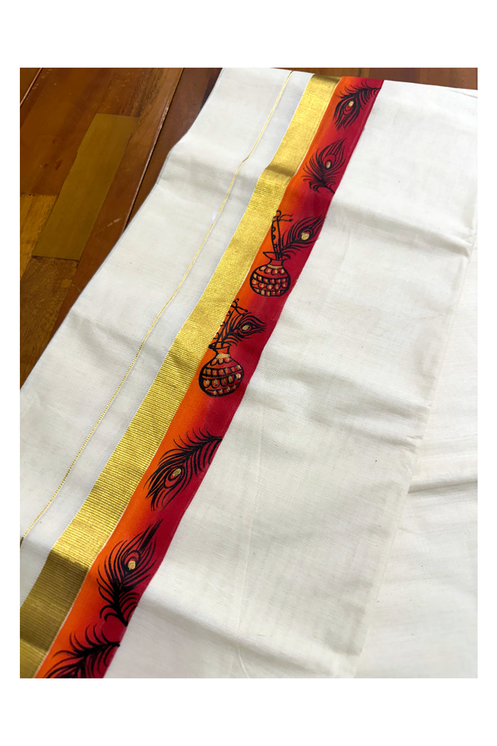 Kerala Pure Cotton Double Mundu with Hand Painted Designs on Kasavu Border(South Indian Kerala Dhoti)