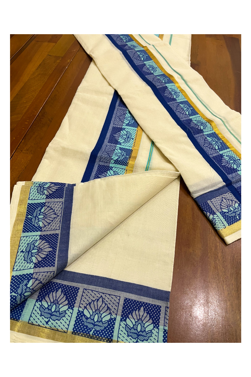 Kerala Cotton Kasavu Single Set Mundu (Mundum Neriyathum) with Blue an