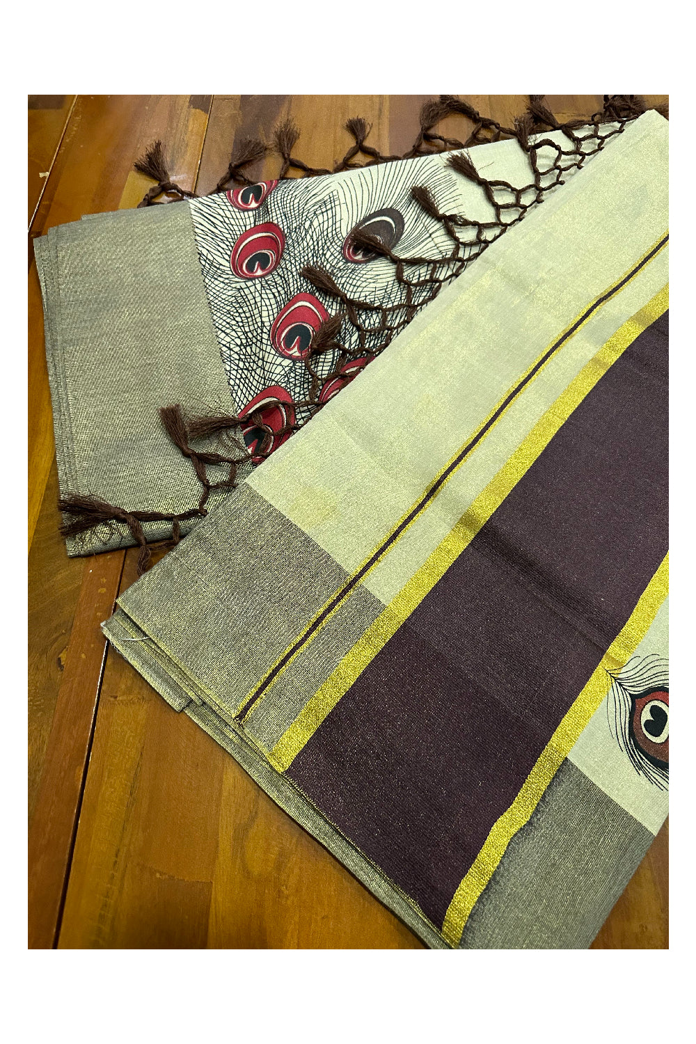 Kerala Tissue Kasavu Saree with Feather Block Prints and Brown Border (Onam Saree 2023)