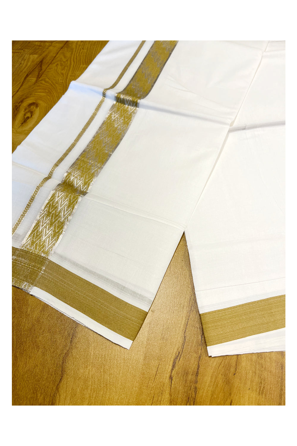 Pure White Cotton Double Mundu with Silver Kasavu and Olive Green Woven Border