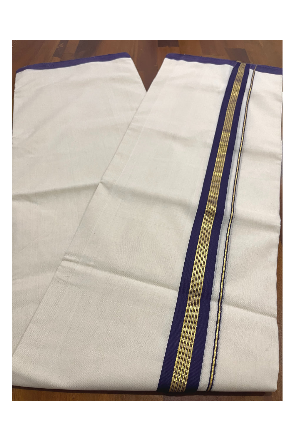 Southloom Premium Balaramapuram Unakkupaavu Handloom Mundu with Violet and Kasavu Border (South Indian Kerala Dhoti)