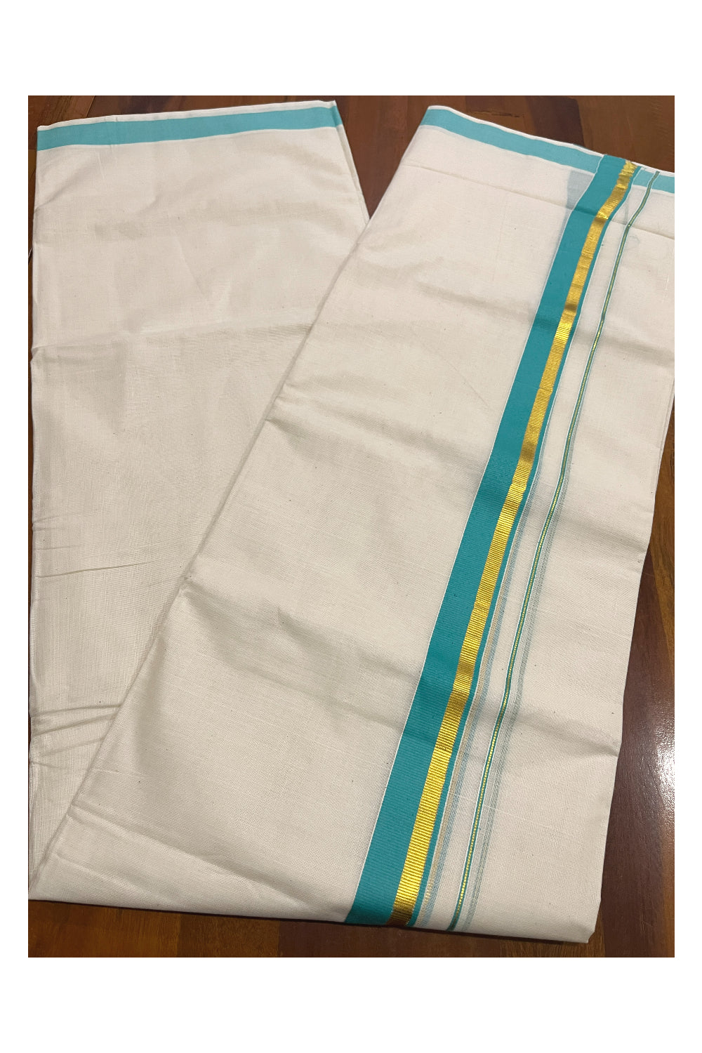 Pure Cotton Kerala Double Mundu with Kasavu and Turquoise Kara (South Indian Kerala Dhoti)