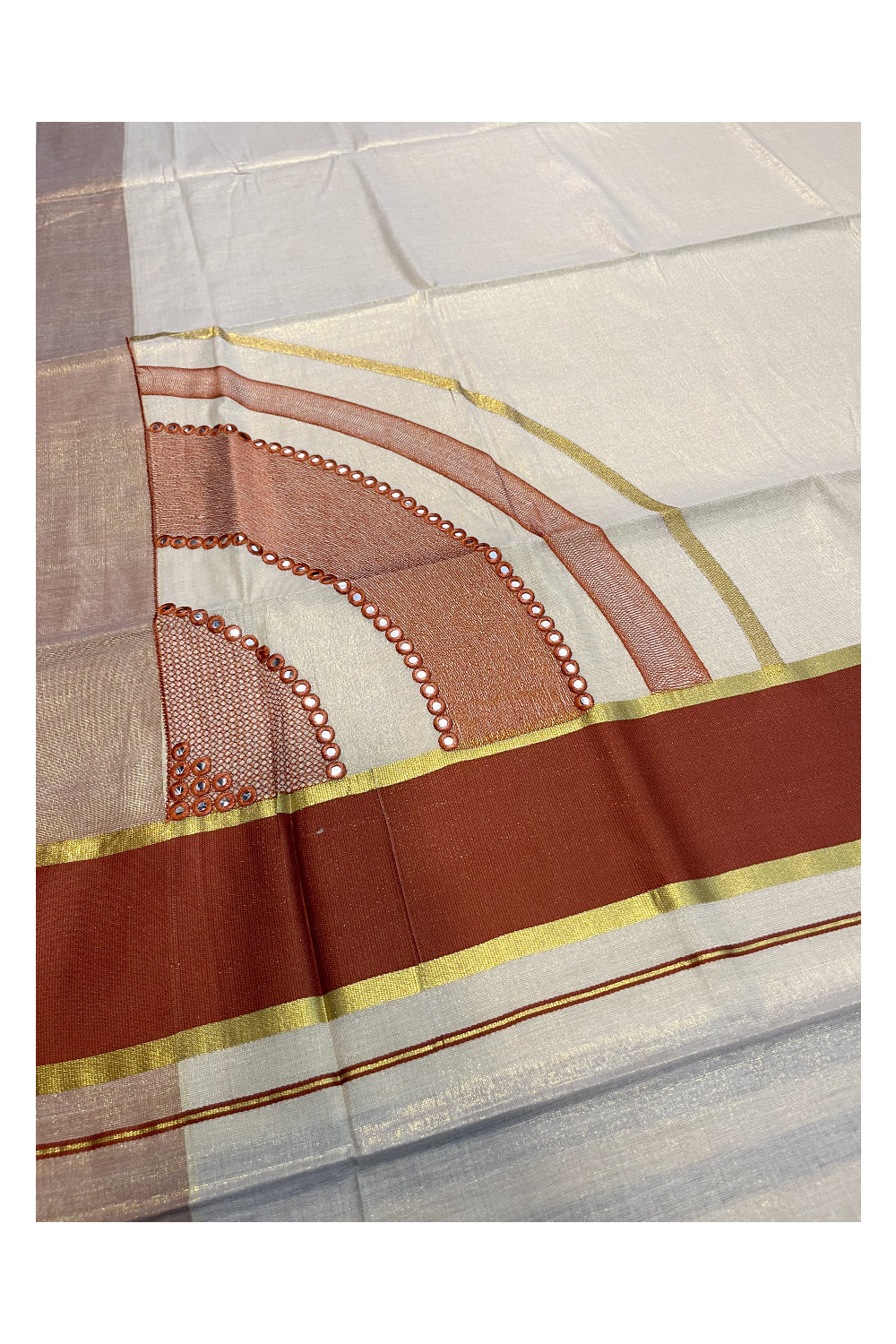 Southloom Kerala Tissue Kasavu Saree with Brown Mirror Work