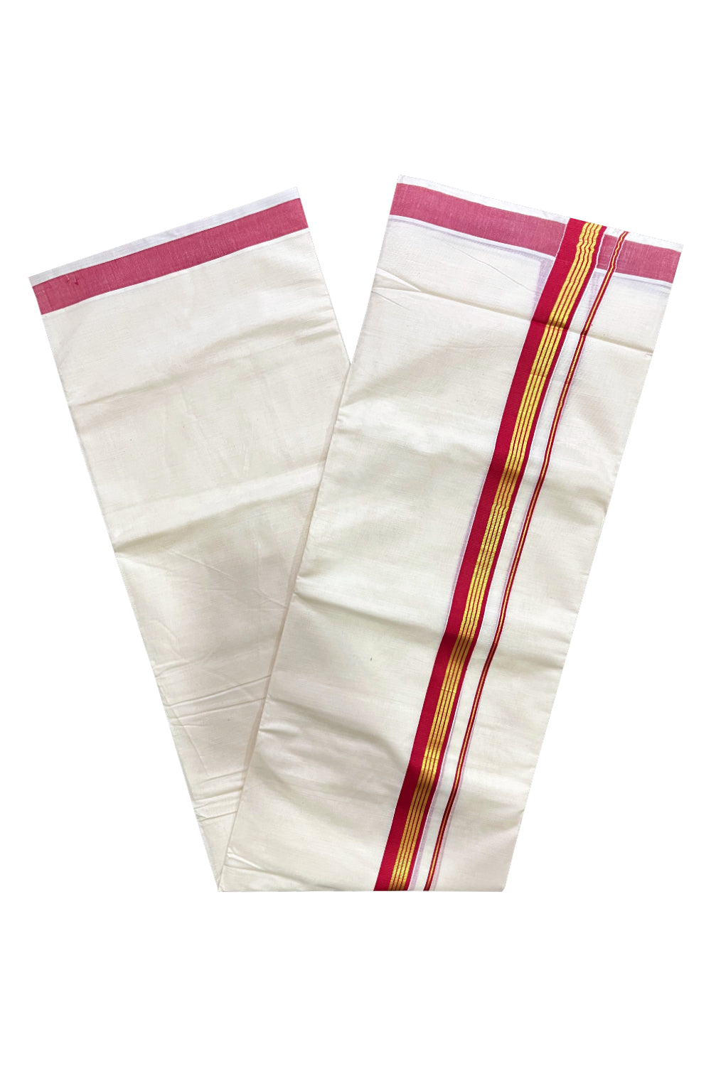 Off White Kerala Cotton Double Mundu with Kasavu and Red Border (South Indian Kerala Dhoti)