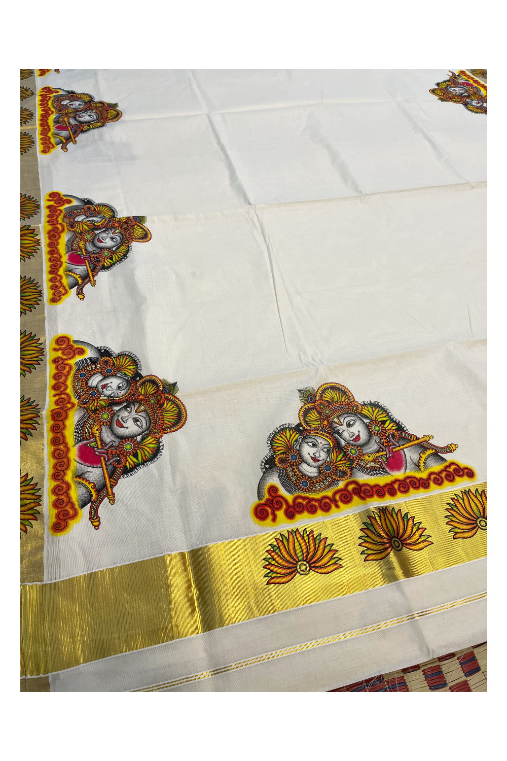 Pure Cotton Kerala Kasavu Saree with Krishna Radha Mural Printed Art Design and Printed Border