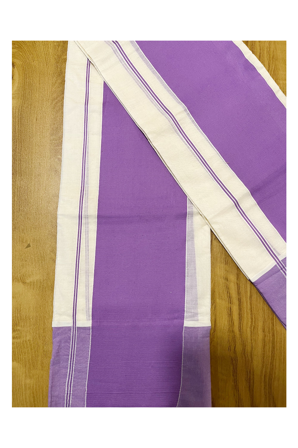 Kerala Pure Cotton Single Set Mundu (Mundum Neriyathum) with 5 inch Lavender Border 2.80 Mtrs