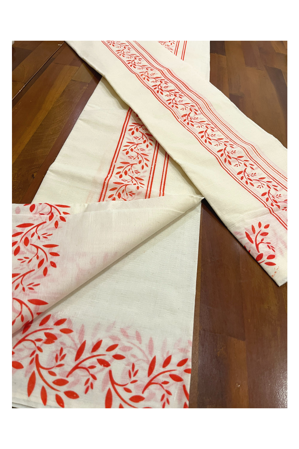 Pure Cotton Kerala Single Set Mundu (Mundum Neriyathum) with Orange Block Prints on Border