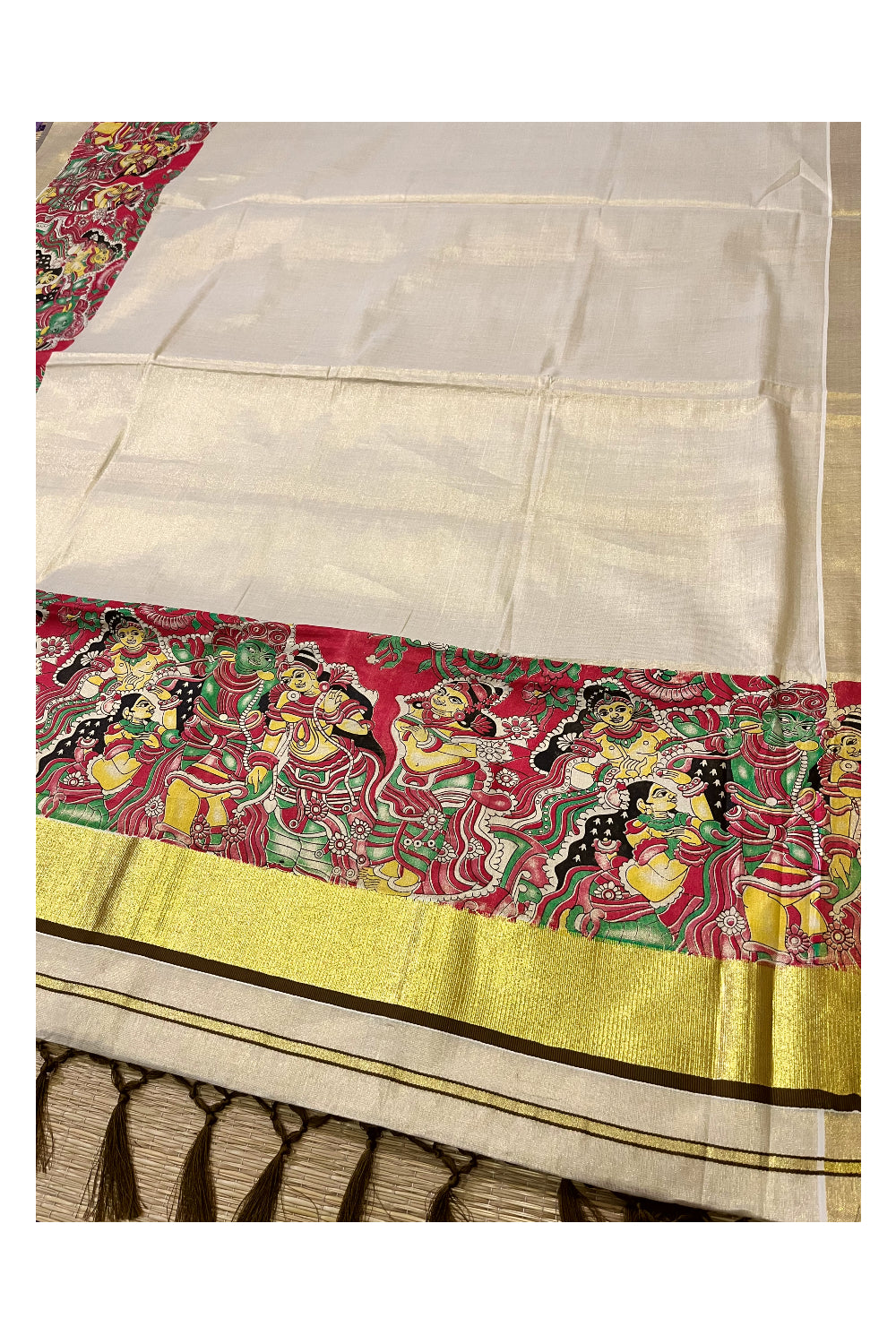 Kerala Tissue Kasavu Saree with Mural Art Printed Design and Olive Brown Border