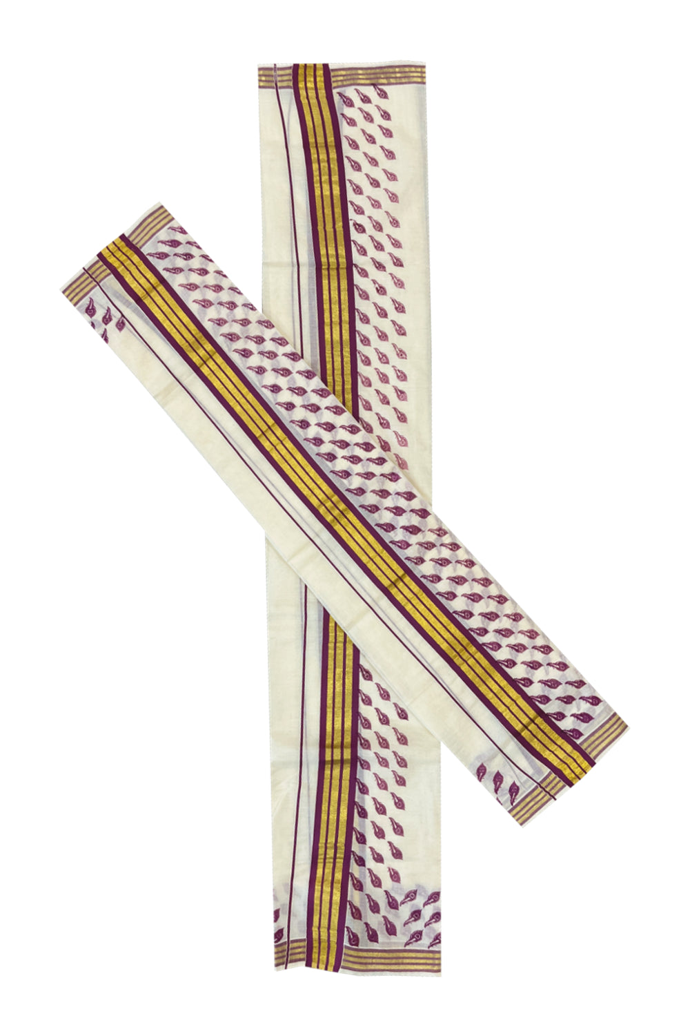 Cotton Single Set Mundu (Mundu Neriyathum) with Violet Feather Block Prints and Kasavu Border