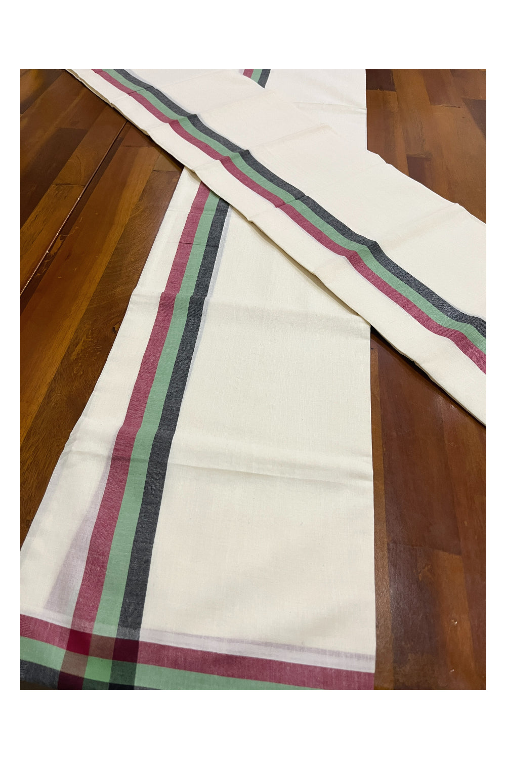 Kerala Cotton Mulloth Single Set Mundu (Mundum Neriyathum) with Maroon Green and Black Border (Extra Soft Cotton) 2.75 Mtrs