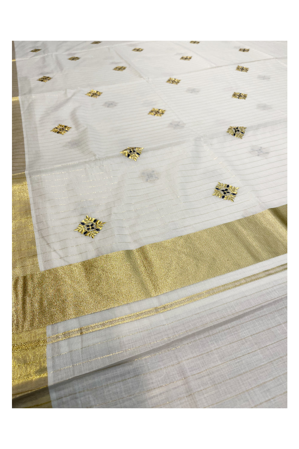 Kerala Cotton Kasavu  Lines Saree with Blue and Golden Embroidery Work