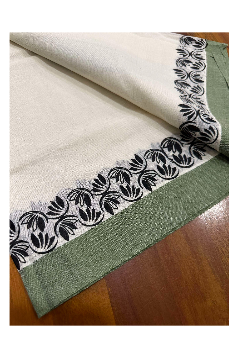 Kerala Cotton Single Set Mundu (Mundum Neriyathum) with Block Prints on Green Border (Onam set Mundu 2023)