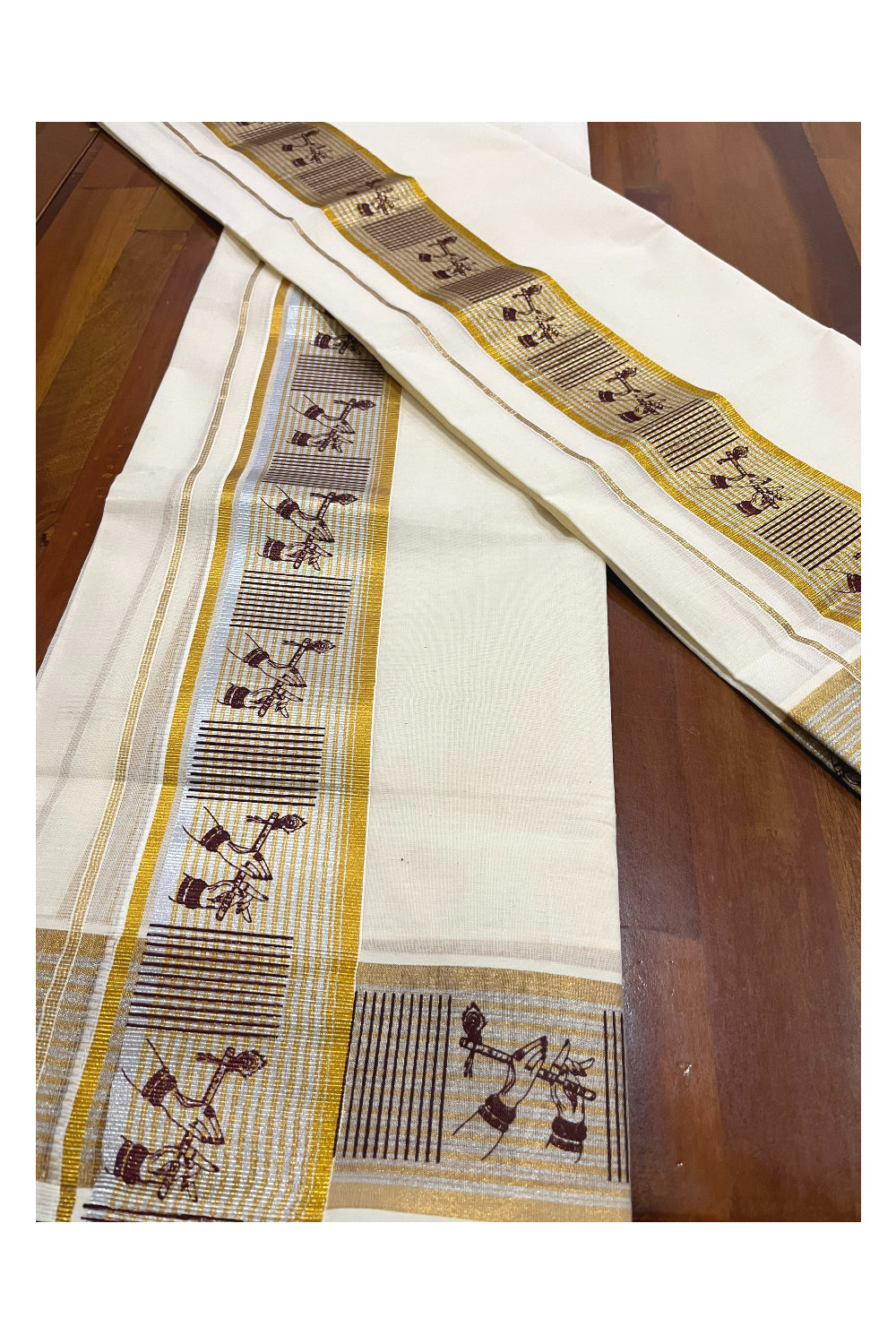 Southloom Pure Cotton Kerala Single Set Mundu with Brown Block Prints on Kasavu Border (Onam Set Mundu 2023)