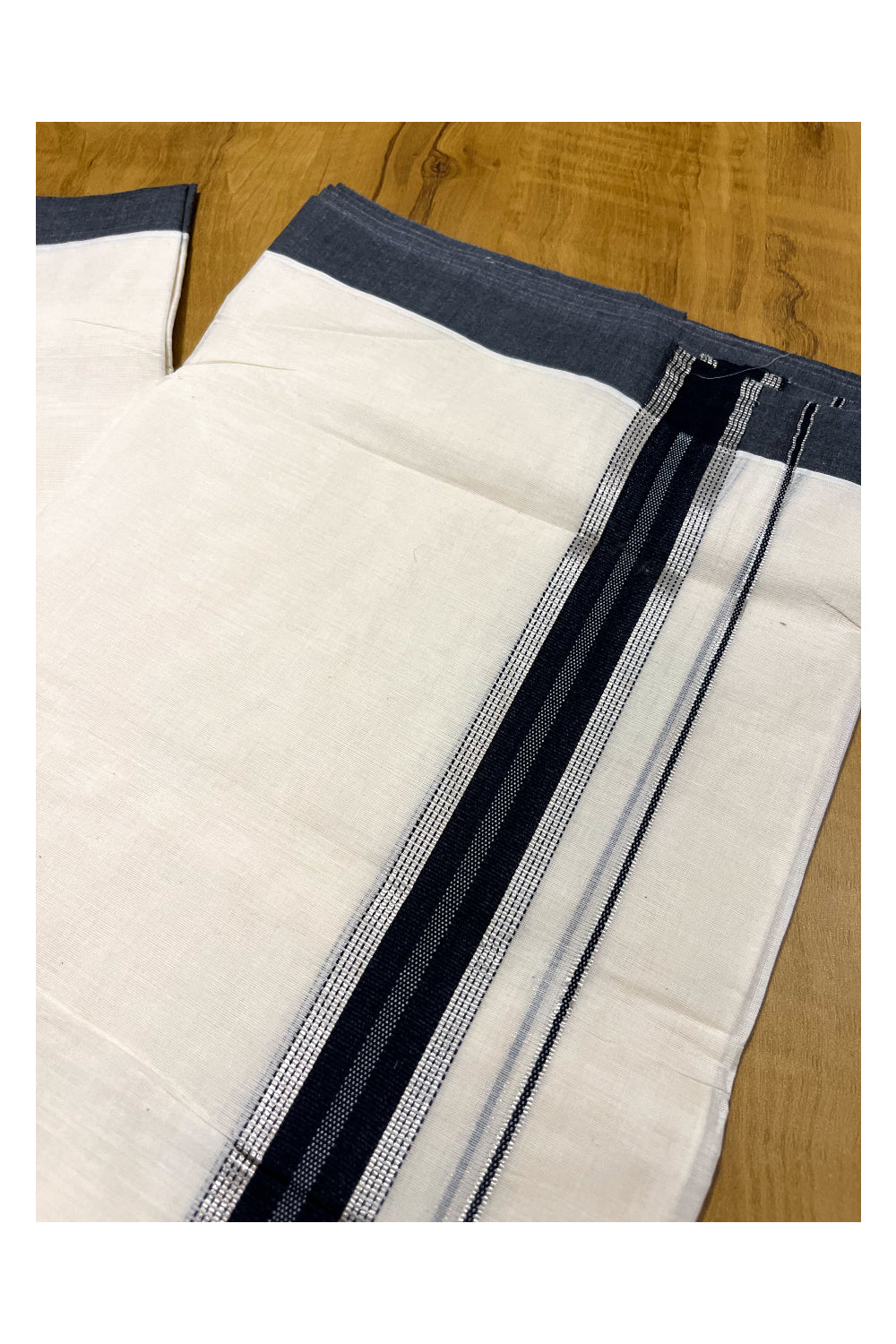 Pure Cotton Off White Double Mundu with Silver Kasavu and Black Border (South Indian Kerala Dhoti)